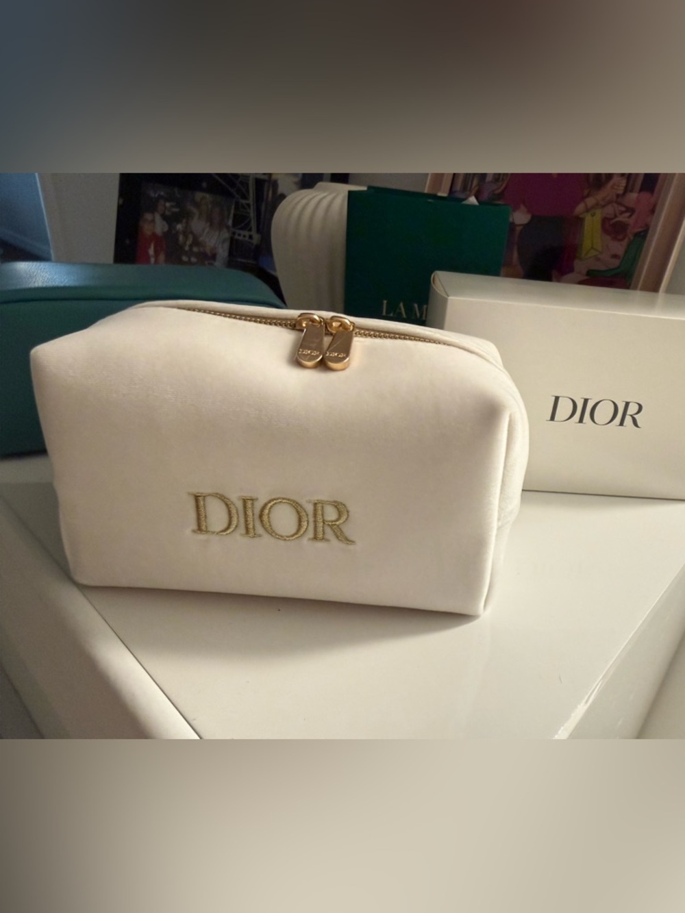 Dior Cream Velvet Cosmetic Pouch with Gold Logo